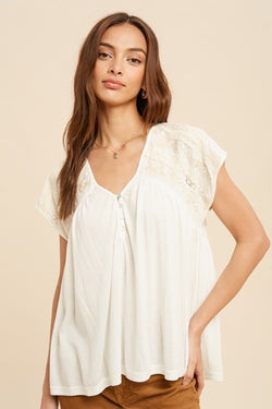 Ivory Embroidered Henley Top