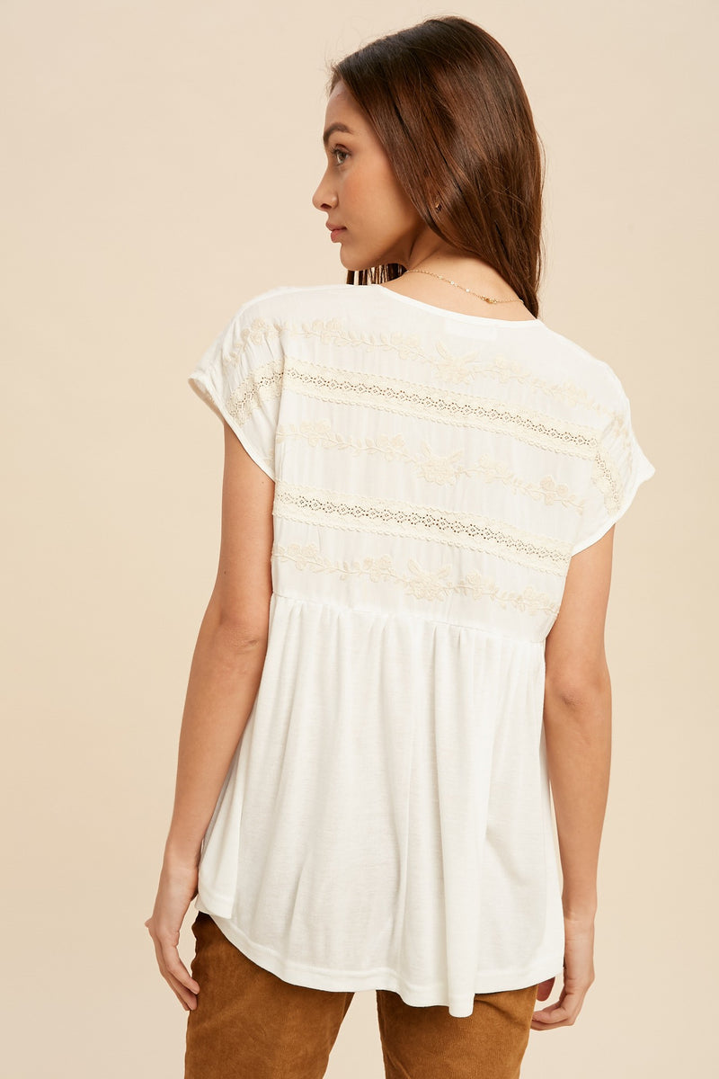 Ivory Embroidered Henley Top